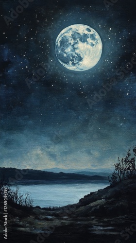 Bright full moon illuminating a tranquil landscape with stars in a night sky