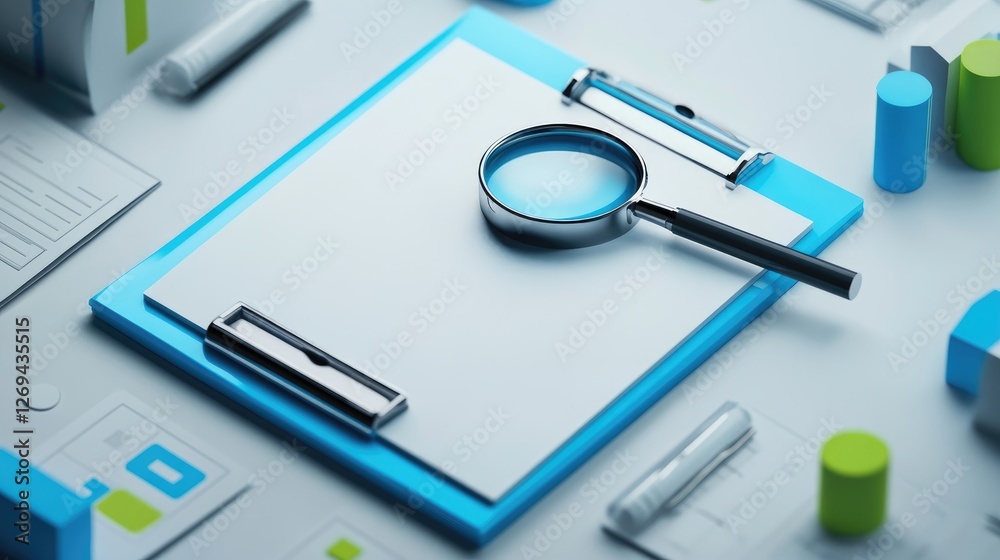Blue Clipboard Magnifying Glass Data Analysis Blue Clipboard Magnifying Glass Data Analysis