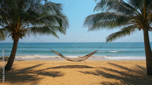 Hammock between palm trees on a tropical beach during a sunny day