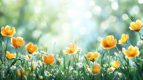 Bright yellow flowers blooming in a sunny meadow during springtime