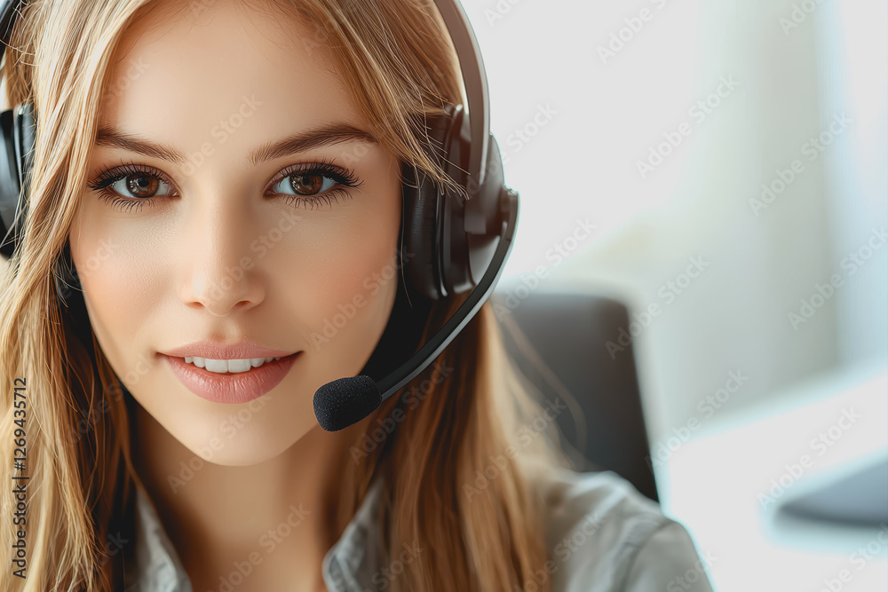 Woman wearing a headset engaged in conversation or listening to music in a modern indoor setting Woman wearing a headset engaged in conversation or listening to music in a modern indoor setting