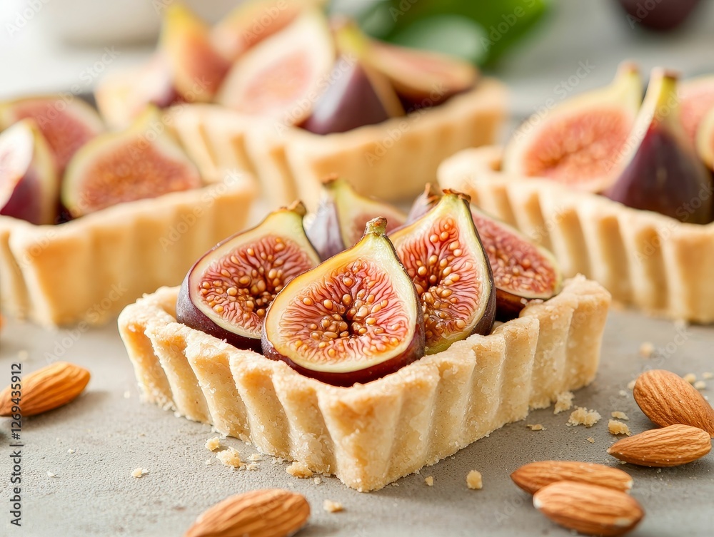 A delicious fig tart with sliced figs arranged on a crumbly crust, garnished with almonds, perfect for a sweet treat. A delicious fig tart with sliced figs arranged on a crumbly crust, garnished with almonds, perfect for a sweet treat.