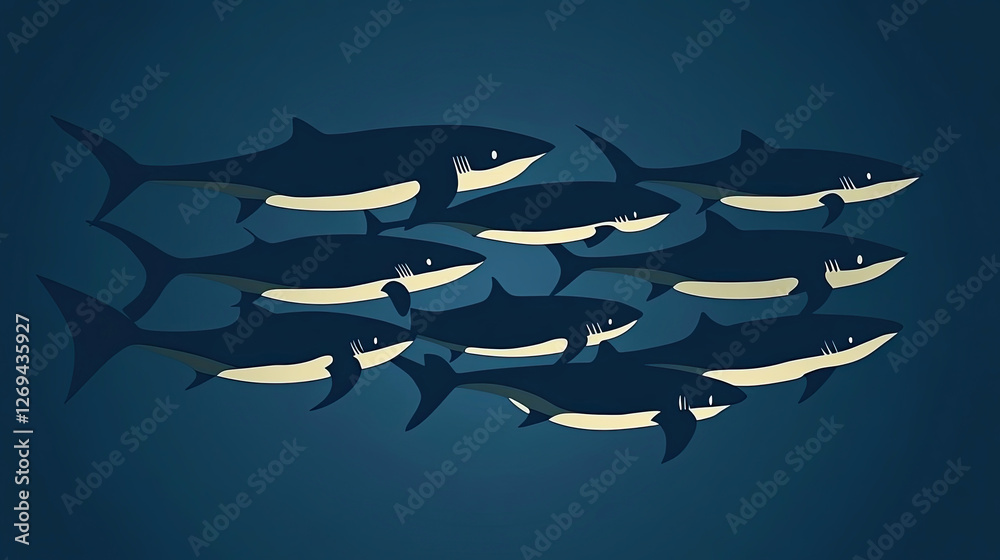Obraz premium Group of Stylized Sharks Swimming Together in Dark Ocean Water During a Tranquil Underwater Moment