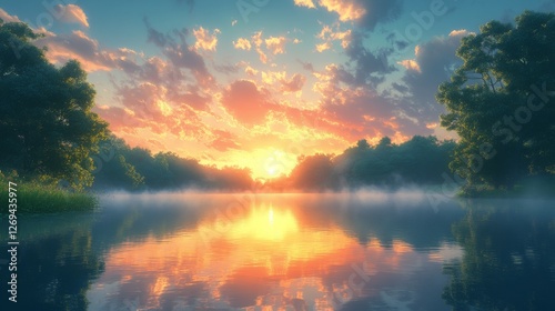 Sunrise over tranquil river with mist and reflections in early morning light