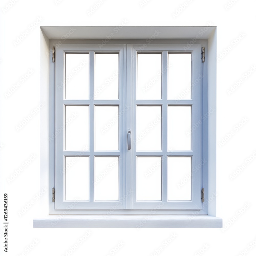 A symmetrical white window with multiple panes, framed in a simple design, featuring a smooth sill and no visible background elements. A symmetrical white window with multiple panes, framed in a simple design, featuring a smooth sill and no visible background elements.