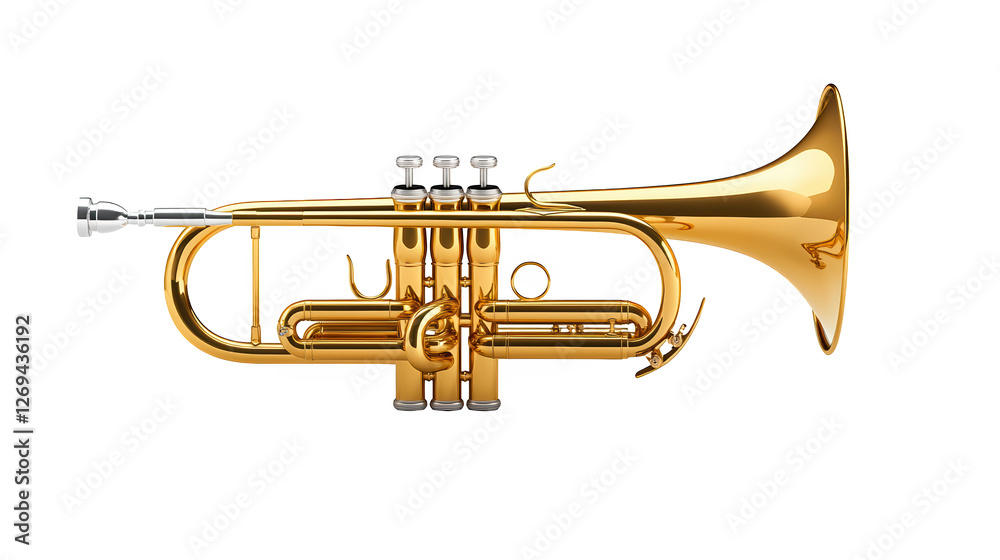 Obraz premium Golden trumpet on black, a captivating closeup of brass wind instrument gold