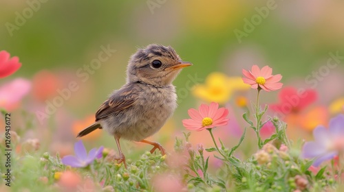 Young bird standing amidst vibrant wildflowers in a colorful meadow during sp...