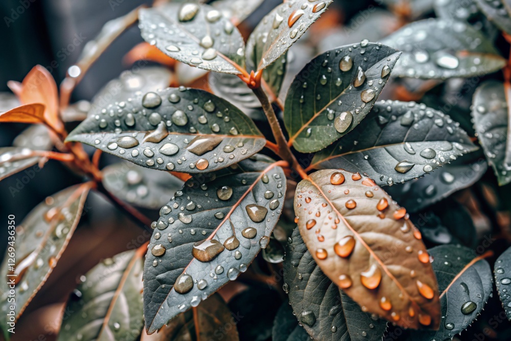Close-up macro shot of red-green leaves, drops of water on the leaves. The texture. Close-up macro shot of red-green leaves, drops of water on the leaves. The texture.