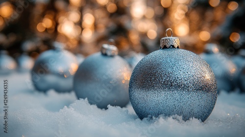 Blue Christmas ornaments glisten in the snow during winter sunlight