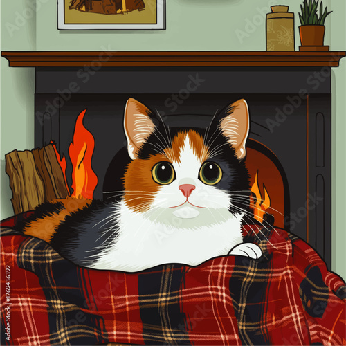 Cozy Calico Cat Relaxing by the Fireplace on a Plaid Blanket in a Vector Art Style - Warm Hearth Scene with Rustic Decor Elements and Firewood in Modern Home