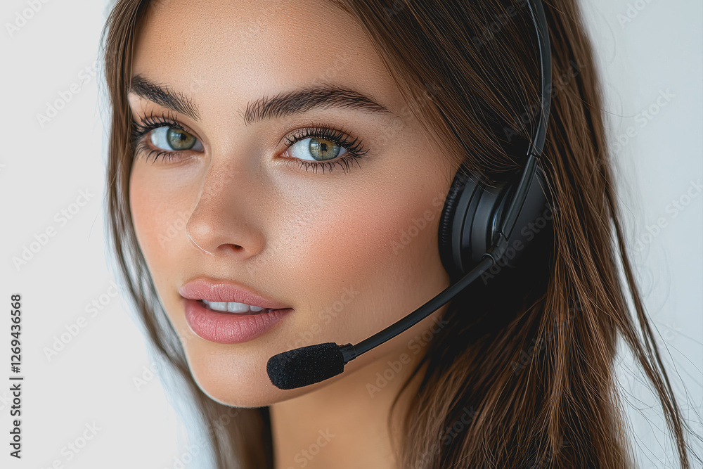 Woman wearing a headset engaged in conversation or listening to audio in a modern indoor setting Woman wearing a headset engaged in conversation or listening to audio in a modern indoor setting