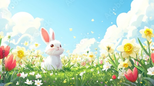 Bunny sits on green grass in spring garden among colorful flowers under brigh...