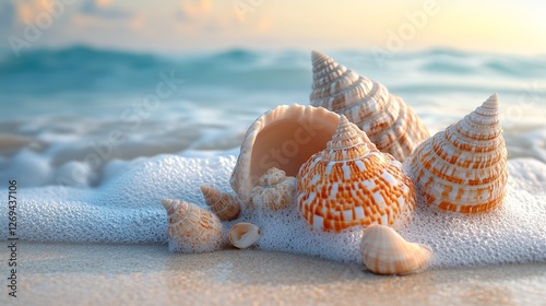 Shells on the beach at sunset with vibrant clouds reflecting in the ocean waves