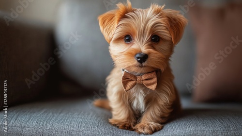 Small puppy wearing a bow tie sitting on a couch in a cozy living room settin...