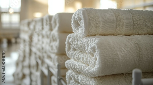 Soft white towels hanging on a rack in sunlight near a bright window during a...