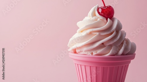 Delicious pink ice cream topped with a cherry against a soft pink background