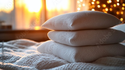 Cozy layered pillows on a soft bed with warm candlelight in a serene room set...