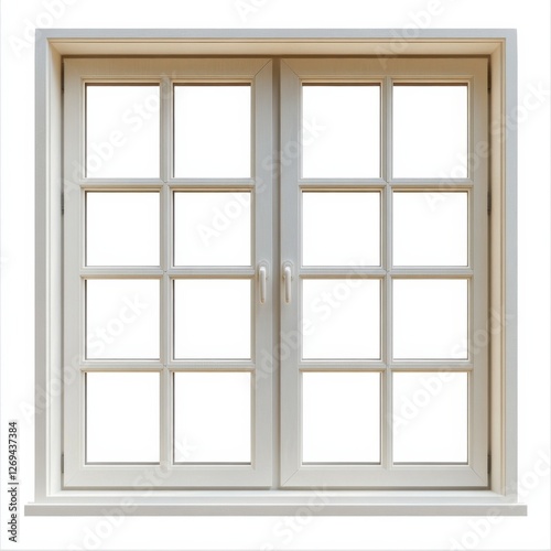 A white double-hung window with rectangular panes, featuring sleek handles and a simple frame against a white background.