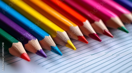 Collection of colorful pencils neatly arranged on lined paper for artistic ex...