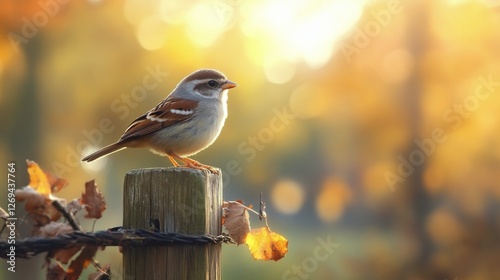 Bird perched on a wooden post surrounded by autumn colors in the golden hour ...
