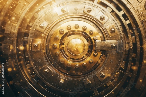 Intricate golden vault door with detailed metallic design and texture