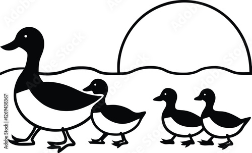 Duck Family Silhouette Sunset Water Birds Nature Scene Illustration