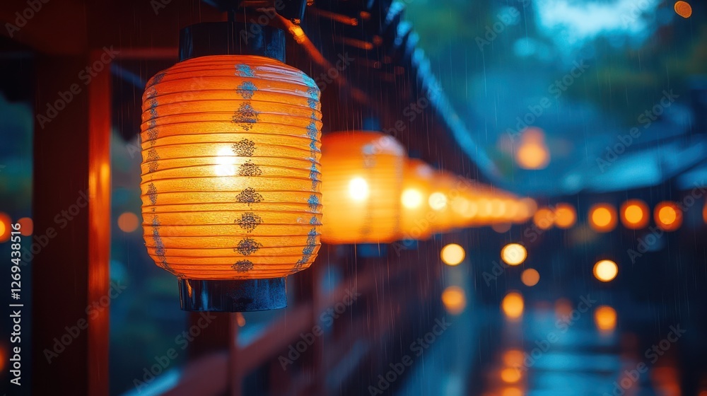A row of Japanese paper lanterns glowing at night, soft bokeh A row of Japanese paper lanterns glowing at night, soft bokeh