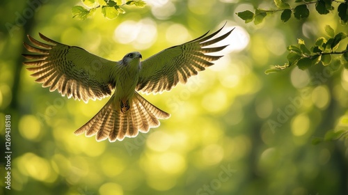 Majestic bird soaring gracefully through a sunlit forest on a clear afternoon