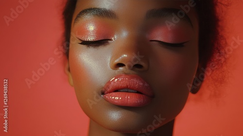 Portrait of a young woman with curly hair on a vibrant orange background high...