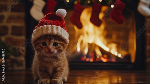 Adorable orange kitten wearing a festive hat sits by a warm fireplace decorat...