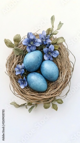 Colorful blue eggs in a woven nest surrounded by vibrant spring flowers