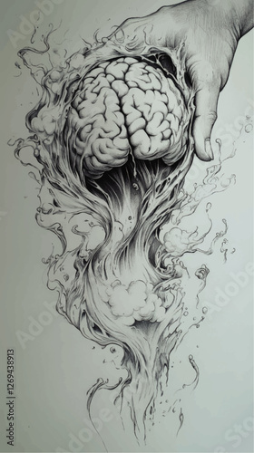 Surreal Hand Holding Brain Splashing Smoke Vector Art - Intricate Illustration of Human Mind Creativity - Metaphorical Digital Drawing for Artistic Concepts