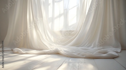 Soft white curtains gently swaying in sunlight create a serene atmosphere in ...