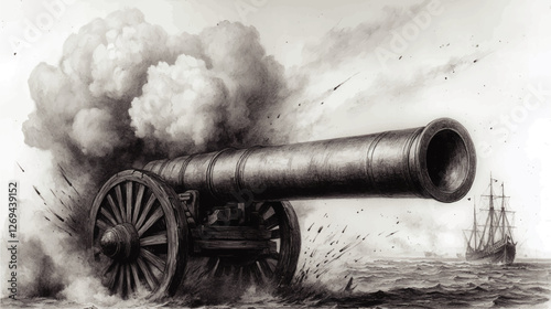 Antique Naval Cannon Firing at Sea | Historical Art Vector | Vintage Warfare Illustration with Cannonball, Smoke, and Sailing Ship Background for Maritime History