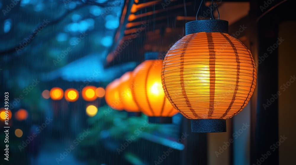 A row of Japanese paper lanterns glowing at night, soft bokeh A row of Japanese paper lanterns glowing at night, soft bokeh