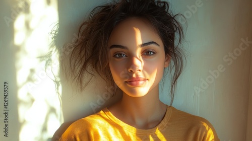 Young woman relaxed with natural light casting shadows on her face in a cozy ...