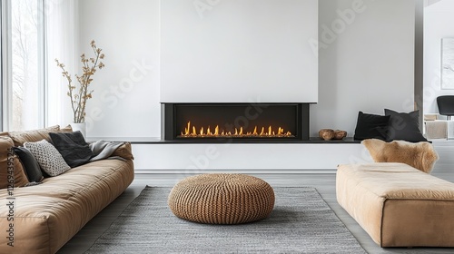 Cozy living room with modern fireplace and comfortable seating in a bright se...
