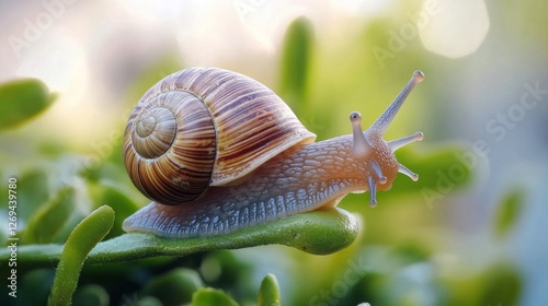 Colorful snail resting on a green leaf in a misty rainforest during early mor...