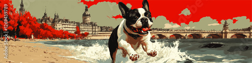 Vector Image of Playful French Bulldog on Parisian Beach with Iconic Architecture and Red Trees in Surreal Artistic Style – Capturing Vibrant Cityscape Essence