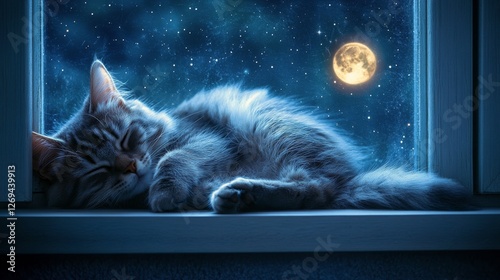 Cat peacefully sleeping by a window under a glowing moonlit night