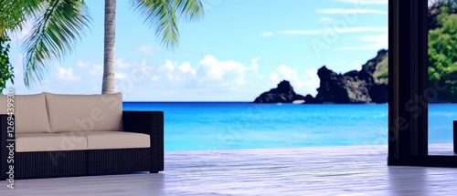A serene beach view from a stylish outdoor lounge area, featuring palm trees and a tranquil ocean backdrop.