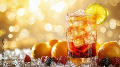 Refreshing summer cocktail with fruits and ice served in a clear glass