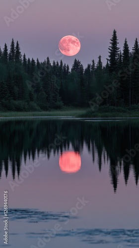 Stunning full moon rises over a tranquil lake surrounded by tall evergreen tr...