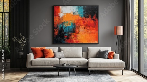 Modern living room with abstract art and stylish furniture in natural light