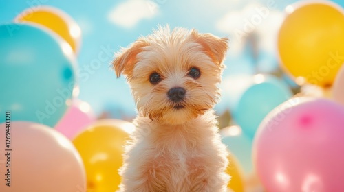 Happy puppy sitting among colorful balloons under a bright blue sky on a sunn...