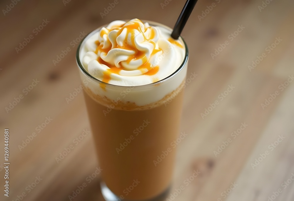 glass of caramel latte coffee on wooden table
glass of caramel latte coffee on wooden table