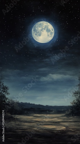 Bright full moon illuminating a tranquil landscape with stars in a night sky