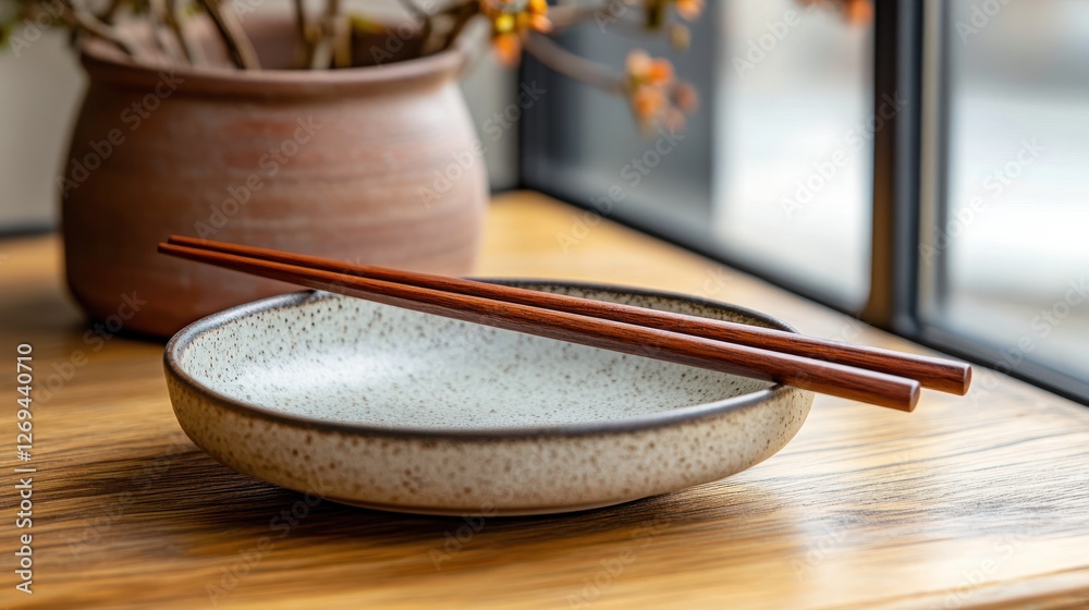 A set of wooden chopsticks resting on a ceramic plate, minimalist styling A set of wooden chopsticks resting on a ceramic plate, minimalist styling