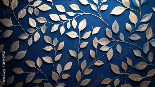 Elegant leaf patterns on a blue background create a stunning decorative effec...