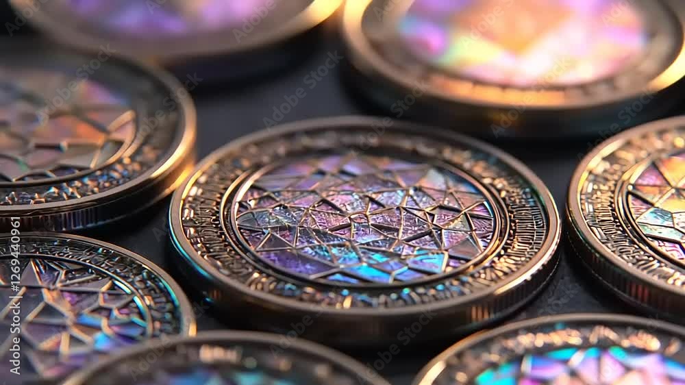 Close-up of iridescent, geometrically patterned coins with intricate detailing.